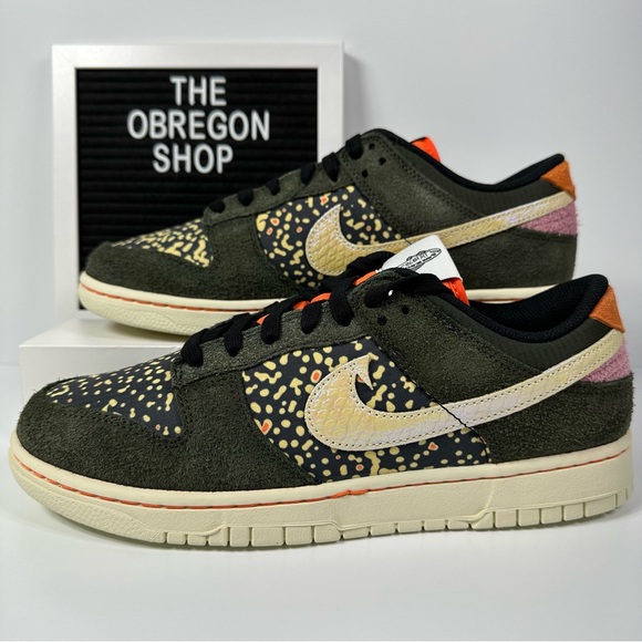 DUNK LOW SE GONE FISHING RAINBOW TROUT SPOTTED SUEDE DARK IRIDESCENT ORANGE PINK - Picture 1 of 11